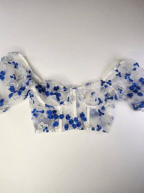 Floral Embroidered Mesh Corset Top Blue & White, Size S Y2K Bustier